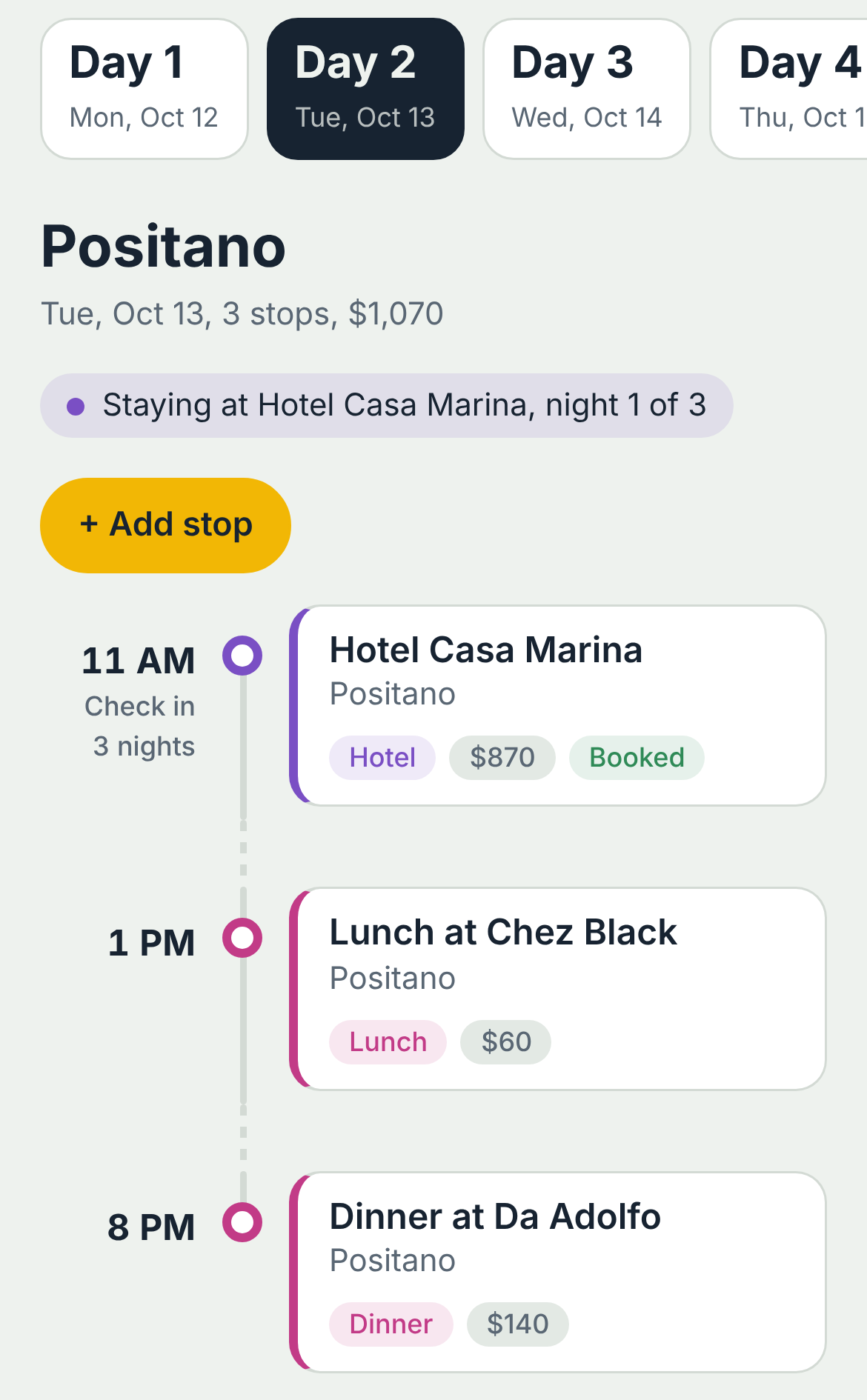 One day of the sample trip on a phone: a hotel check-in, lunch and dinner with times and costs.